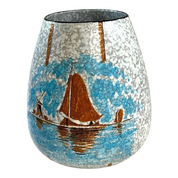 Vintage Sailboat WIndmill RARE MCM Hand-Painted Diar Vase Made In Holland Ship - Picture 1 of 6